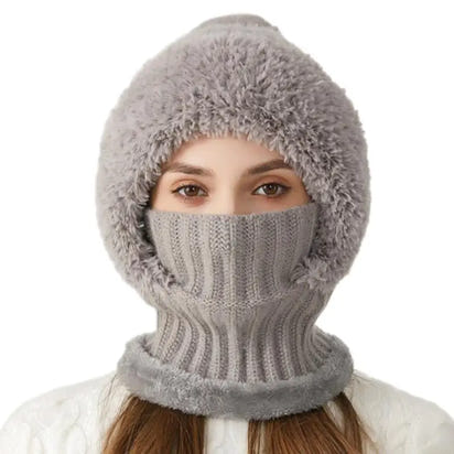 Women’s 3-in-1 Knit Hat with Fuzzy Face Warmer and Neck Cover